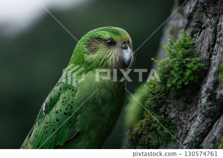 Bright green parrot perched on mossy rock in a lush forest during overcast weather 130574761