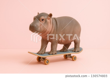 Cute Baby Hippopotamus Skating in Minimalist Pastel Room Humorous Wildlife Fusion Surreal Sports Concept 130574803
