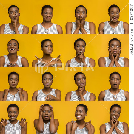 Collage of young african american woman portraits with different emotions and gestures, human mood swings 130574897