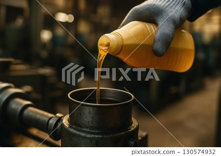 Industrial Maintenance Gloved Hand Pouring Golden Lubricant into Metal Container Factory Setting Mechanical Process 130574932