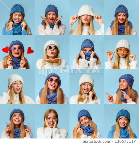 Collage of young pretty winter woman portraits with different emotions and accessories, woman mood swings 130575117