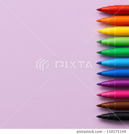 Colorful Felt-tip Pens Vertical Arrangement Pastel Purple Background Creative Art Tools Educational Content Flat Lay View, Back To School Concept 130575149
