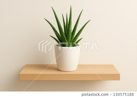 Minimalist Wooden Shelf with Aloe Vera Plant Home Interior Natural Decor Calm Zen Environment Scandinavian Aesthetic 130575188