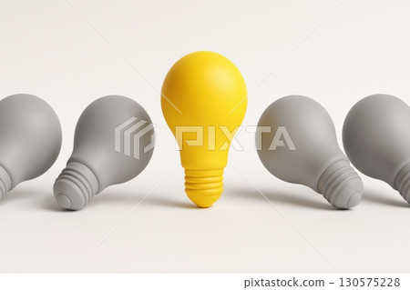Innovative Leadership Concept Yellow Lightbulb Among Grey Bulbs Minimalist Design Creative Standout Idea 130575228