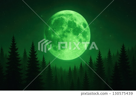 Mystical Green Full Moon Rising Over Dense Pine Forest Night Sky Fantasy Scene 130575439
