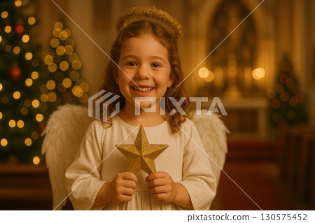 Joyful Christmas Angel Girl Holding Star in Church Warm Lights Festive Spirit Captivating Scene 130575452