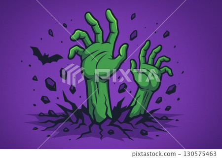 Zombie Hands Emerge from Cracked Purple Ground in a Spooky Halloween Scene with Debris Flying 130575463