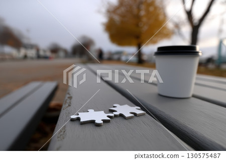Enjoying coffee while working on a puzzle outdoors in a peaceful park setting 130575487