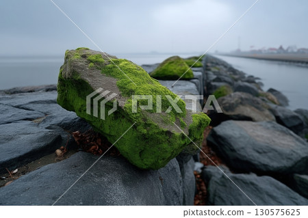 Rocky shore with moss on stones along a coastal pathway at dawn 130575625