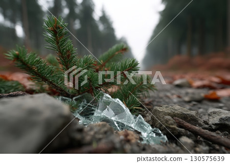 Broken glass and a pine branch on a forest path during cloudy weather in autumn 130575639