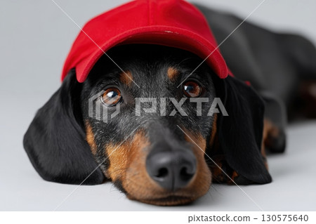 Dog wearing a red cap resting on a neutral background during a calm indoor moment 130575640