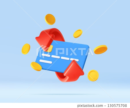 3D Credit Card with Coins and red Arrows Icon 3D Credit Card with Coins and red Arrows Icon 130575708