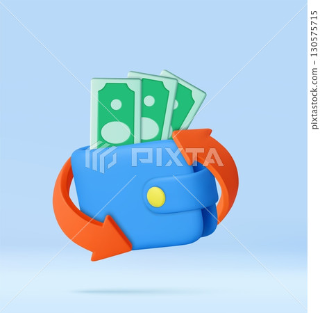 3D Wallet with Cash and Sync Arrows 3D Wallet with Cash and Sync Arrows 130575715