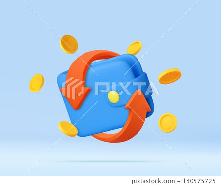 3D Wallet with Coins and Circular Arrows 130575725