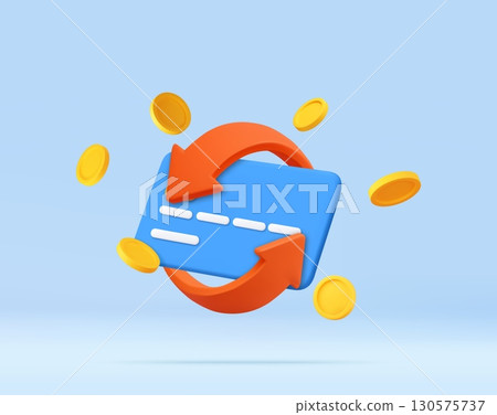 3D Credit Card with Coins and Arrows Icon 130575737
