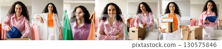 A woman with long dark hair smiles while packing boxes in a room. She is wearing a light pink button-down shirt and white pants. She appears to be moving, as there are several boxes around her A woman with long dark hair smiles while packing boxes in a room. She is wearing a light pink button-down shirt and white pants. She appears to be moving, as there are several boxes around her 130575846