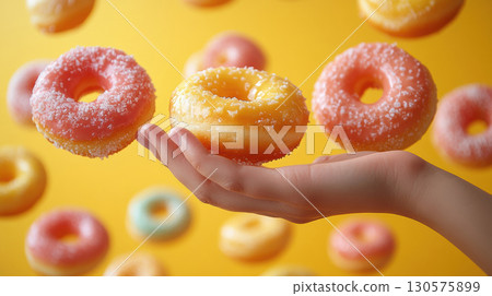 Hand holding pink glazed donut with rainbow sprinkles on bright yellow background. Sweet playful snack concept in vibrant pop-art style. 130575899