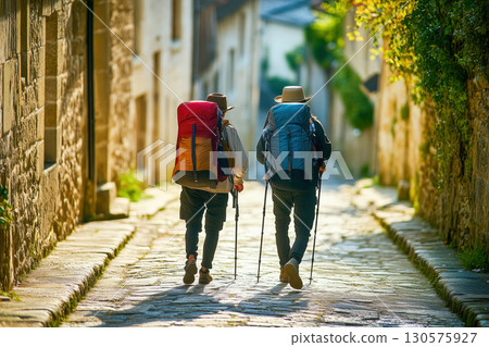 Pilgrims with backpacks walking the Camino de Santiago in Spain, Way of St James 130575927