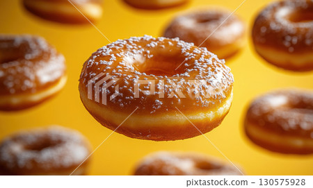 Hand holding pink glazed donut with rainbow sprinkles on bright yellow background. Sweet playful snack concept in vibrant pop-art style. 130575928