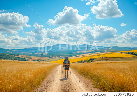 Lonely Pilgrim with backpack walking the Camino de Santiago in Spain, Way of St James 130575929