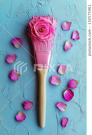 Creative flat lay with fluffy pink makeup brush blooming pink roses on light blue wooden background. Feminine beauty concept. 130575961
