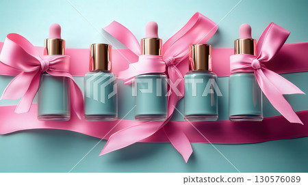 Row bottles oil, concentrate, serum, blank brand label, multicolored satin ribbon and gold cap blue background, minimalist design. Cosmetics advertising concept, mockup, place for text 130576089