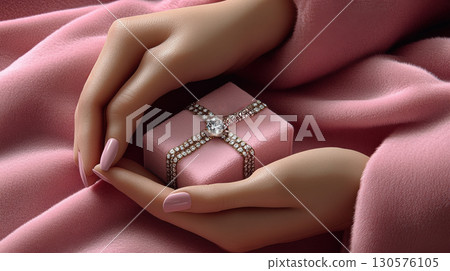 Woman hands holding pink gift satin ribbon, shopping Valentines, New Year, Mothers, Christmas Woman hands holding pink gift satin ribbon, shopping Valentines, New Year, Mothers, Christmas 130576105