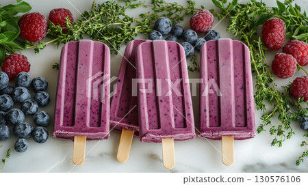 Homemade vegan raspberry coconut milk, yogurt, milk seasonal berries fruits ice cream simple light background 130576106