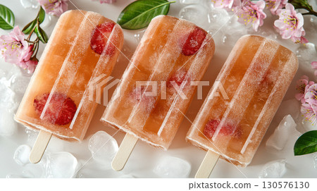 Homemade ice cream popsicles cherry and cherry blossoms in the background ,vegan raspberry coconut milk, yogurt, milk seasonal berries fruits ice cream 130576130