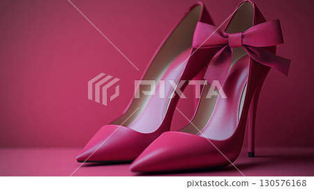 Stylish pair stylish pink fuchsia high heels featuring charming bow, perfect for elegant occasions and fashionable events, Fashion Style background, place for text, banner, advertising, sale 130576168