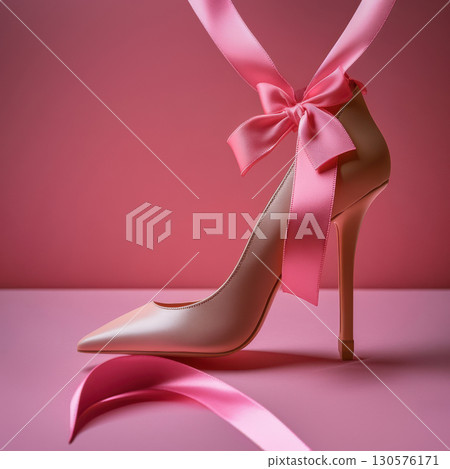 Stylish pair stylish pink fuchsia high heels featuring charming bow, perfect for elegant occasions and fashionable events, Fashion Style background, place for text, banner, advertising, sale 130576171