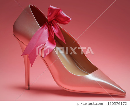 Stylish pair stylish pink fuchsia high heels featuring charming bow, perfect for elegant occasions and fashionable events, Fashion Style background, place for text, banner, advertising, sale 130576172