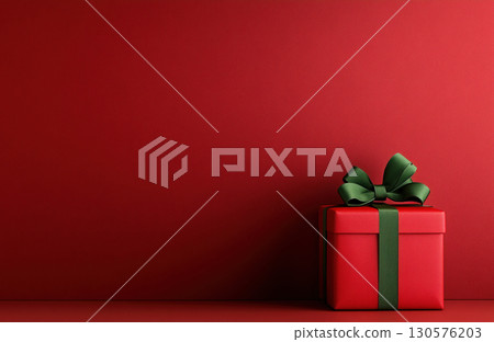 Present red gift box, ribbon red background, birthday, Christmas, Valentines Mothers Day, copy space 130576203
