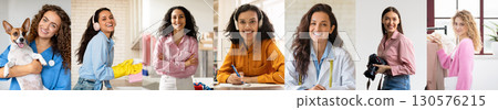 A collage of six images showcasing young women in various professional roles. All women are smiling and appear happy and confident in their work. A collage of six images showcasing young women in various professional roles. All women are smiling and appear happy and confident in their work. 130576215