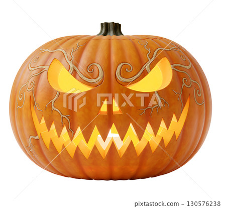 A glowing pumpkin-Jack-o-lantern, perfect for decorating websites and social networks for Halloween. This symbol of the holiday will create a spooky and fun atmosphere. Isolate. 130576238
