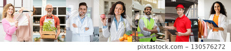 A diverse group of people in various occupations. All of the individuals in the image are smiling and appear to be enjoying their work, web-banner 130576272