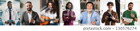 Diverse group of six professionals shown smiling and working in their respective fields. The individuals are a doctor, a businessman, a musician, a software engineer, a photographer, and a teacher. 130576274