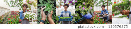 African American young woman in a blue shirt and apron is working in a greenhouse. She is checking inventory on a tablet, holding a tray of seedlings, and planting flowers. African American young woman in a blue shirt and apron is working in a greenhouse. She is checking inventory on a tablet, holding a tray of seedlings, and planting flowers. 130576275