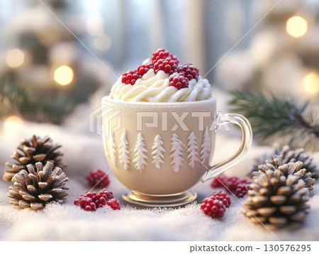 Whipped cream and berries in festive mug on snow with pinecones 130576295