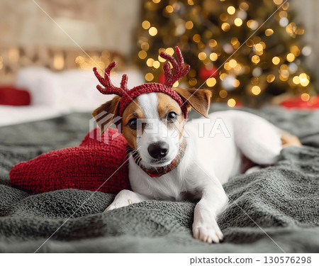 Cute dog in antler headband and Christmas sweater posing outdoors in snowy forest with festive lights and falling snowflakes 130576298