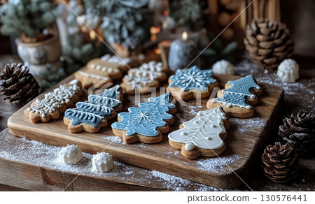 Variety of colorful Christmas cookies with Santa, trees, snowflakes, and gift shapes decorated with festive icing and sprinkles 130576441
