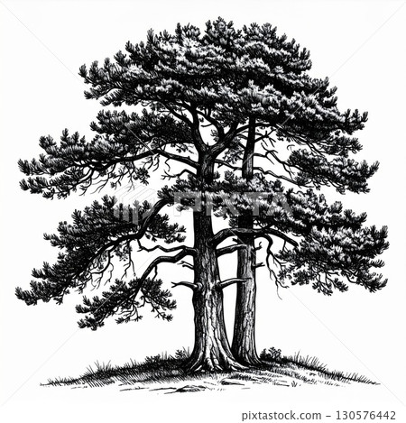 Black And White Detailed Pine Tree Illustration 130576442