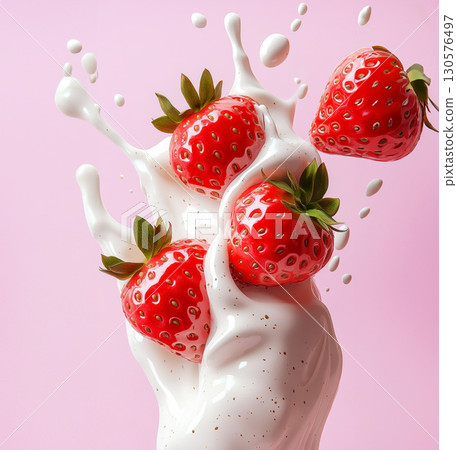 Fresh strawberries splashing into creamy pink liquid with milk, cream droplets in mid-air on soft pastel background 130576497