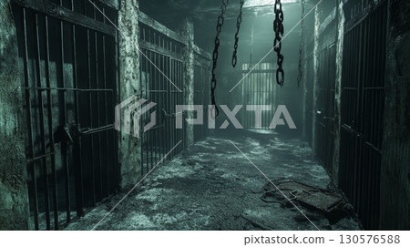 An abandoned prison corridor reveals rusted bars and chains hanging from the ceiling. Shadows creep along the damp walls, while debris and dust cover the floor, creating an unsettling atmosphere. 130576588