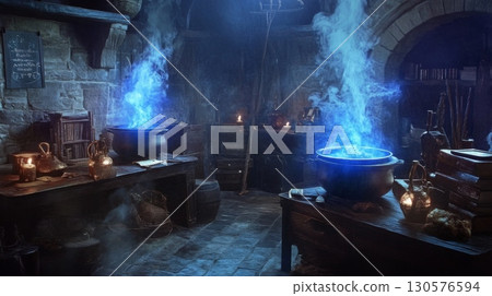 Two black cauldrons, filled with a vibrant blue liquid, sit on wooden tables. The liquid is bubbling and emitting blue smoke, illuminating the dark and stone-walled room 130576594