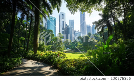 A vibrant city park showcases lush greenery with towering trees framing the skyline of modern skyscrapers basking in bright midday sunlight, creating a serene urban escape for visitors. A vibrant city park showcases lush greenery with towering trees framing the skyline of modern skyscrapers basking in bright midday sunlight, creating a serene urban escape for visitors. 130576596
