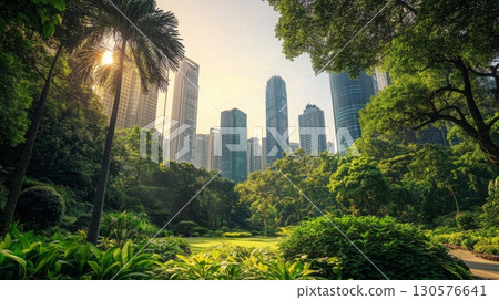 A tranquil urban park is filled with vibrant greenery as towering skyscrapers rise in the background under the soft glow of the setting sun. This picturesque blend highlights nature and city life. 130576641