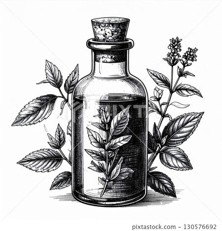 Monocrome Illustration of Herbal Essential Oil Bottle 130576692