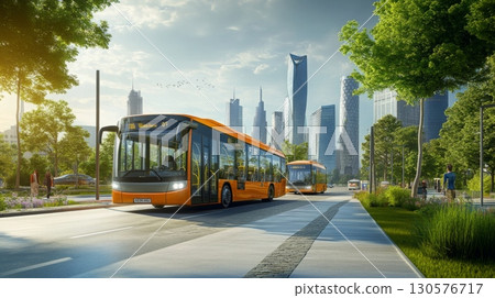 A bright orange bus travels along a tree-lined avenue in a bustling city park, surrounded by modern skyscrapers. People stroll on the paths, enjoying the lively atmosphere on a sunny day. 130576717