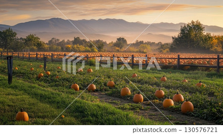 Rows of vibrant orange pumpkins dot the lush green landscape of a pumpkin patch. The early morning light casts a warm glow while mist rises over distant mountains, heralding the arrival of autumn. 130576721